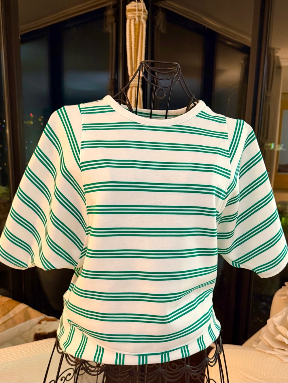 Women's Green & White Striped Short Sleeve Top by Cupio.